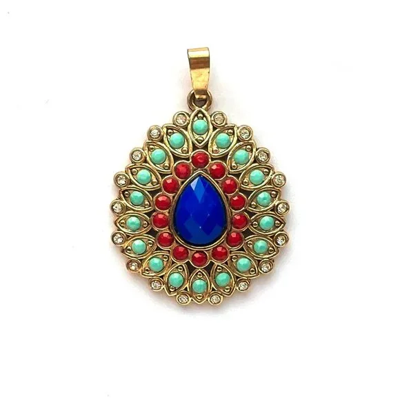 Vintage Peacock Teardrop Pendant, gold plated with beads - Picture 2 of 6